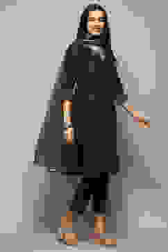 Teal Cotton Satin Narrow Kurta Pant Suit Set image number 6