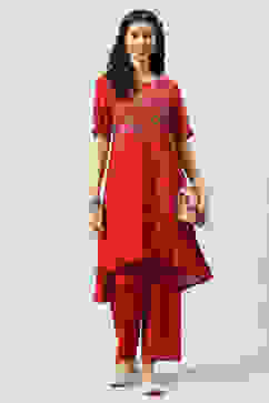 Red Printed LIVA Asymmetric Kurta Palazzo Suit Set image number 6