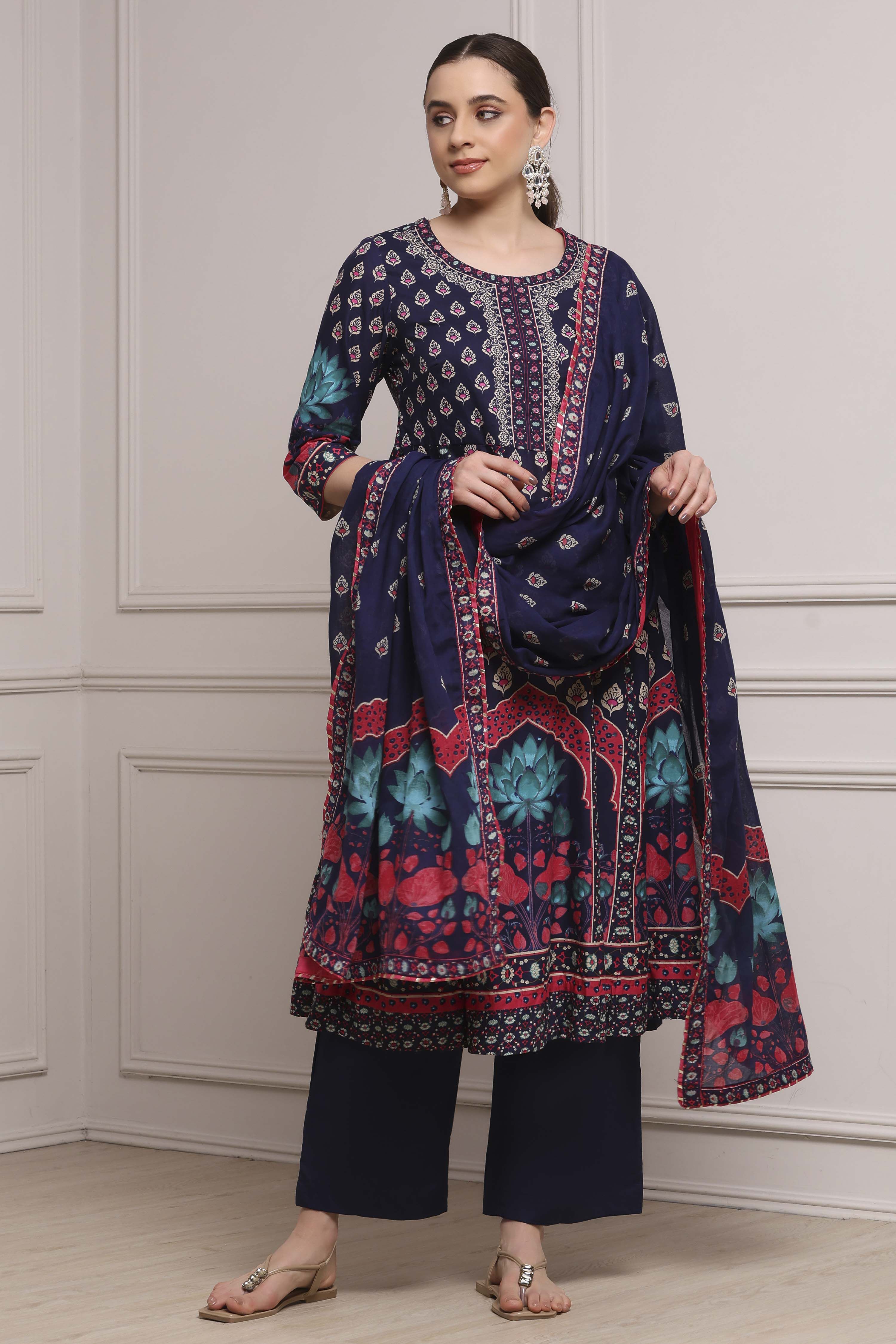 Navy Blue Cotton Printed Anarkali Suit Set image number 0