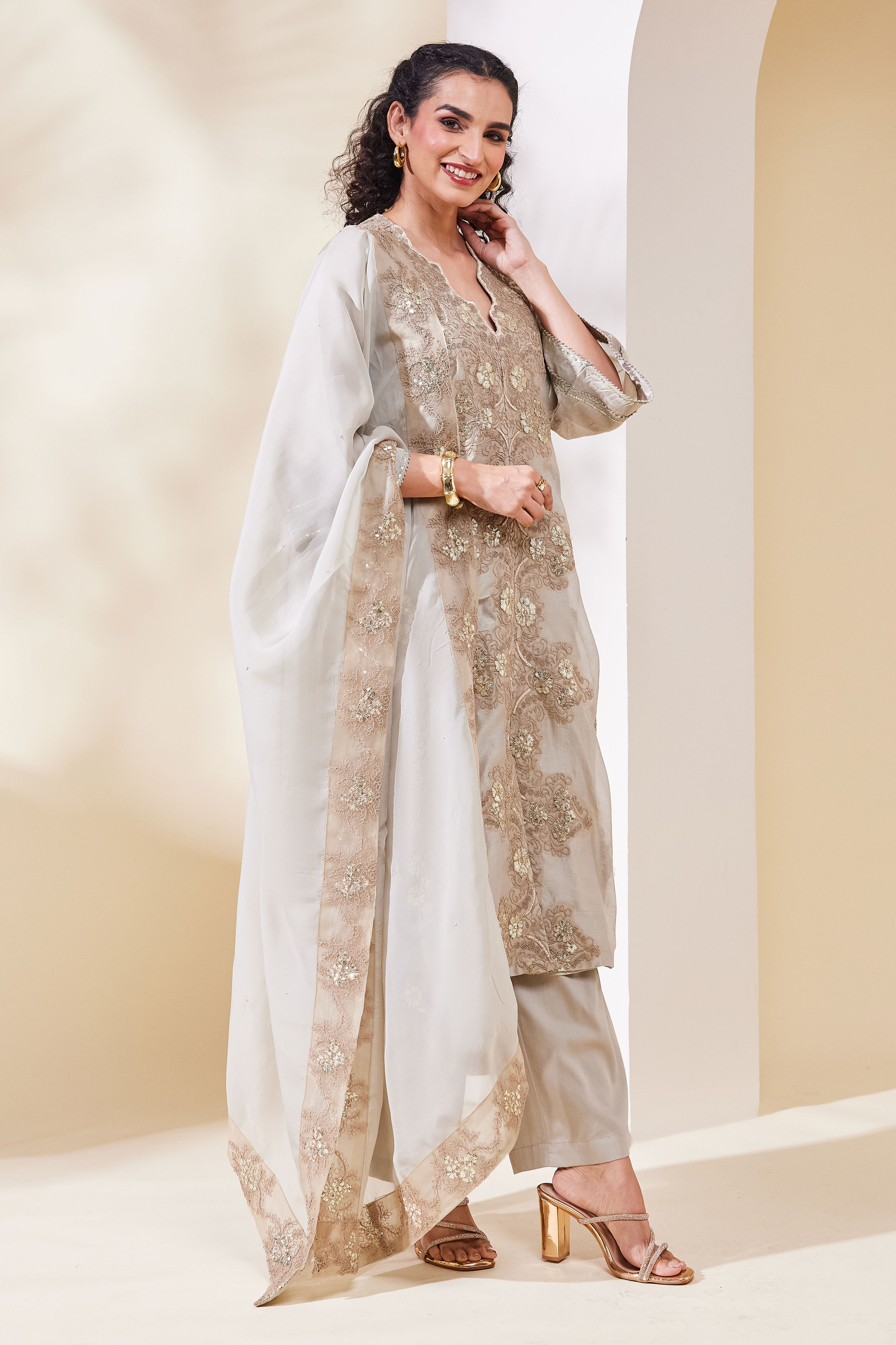 Beige Cotton Blend Straight Embroidered Suit Set image number 5