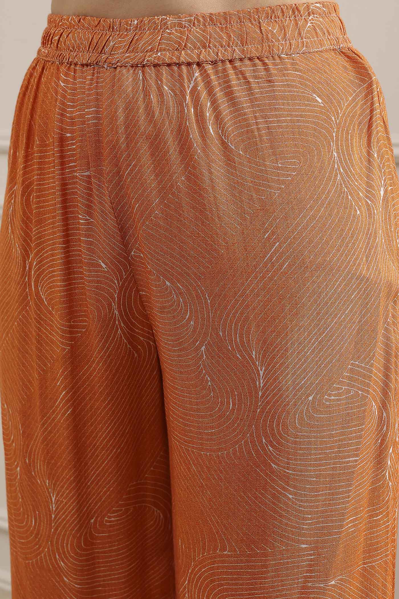 Orange Viscose Rayon Straight Printed Fusion Set image number 2