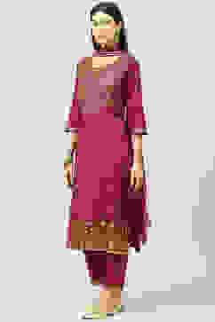 Wine Straight Kurta Regular Pants Suit Set image number 5