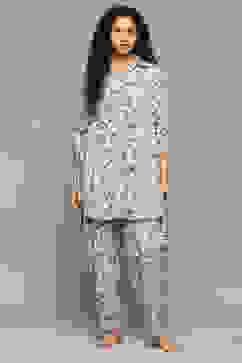 Off White & Blue Rayon Printed 2 Piece Sleepwear Set image number 6