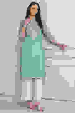 Sea Green Polyester Straight Kurta Pants Set image number 0