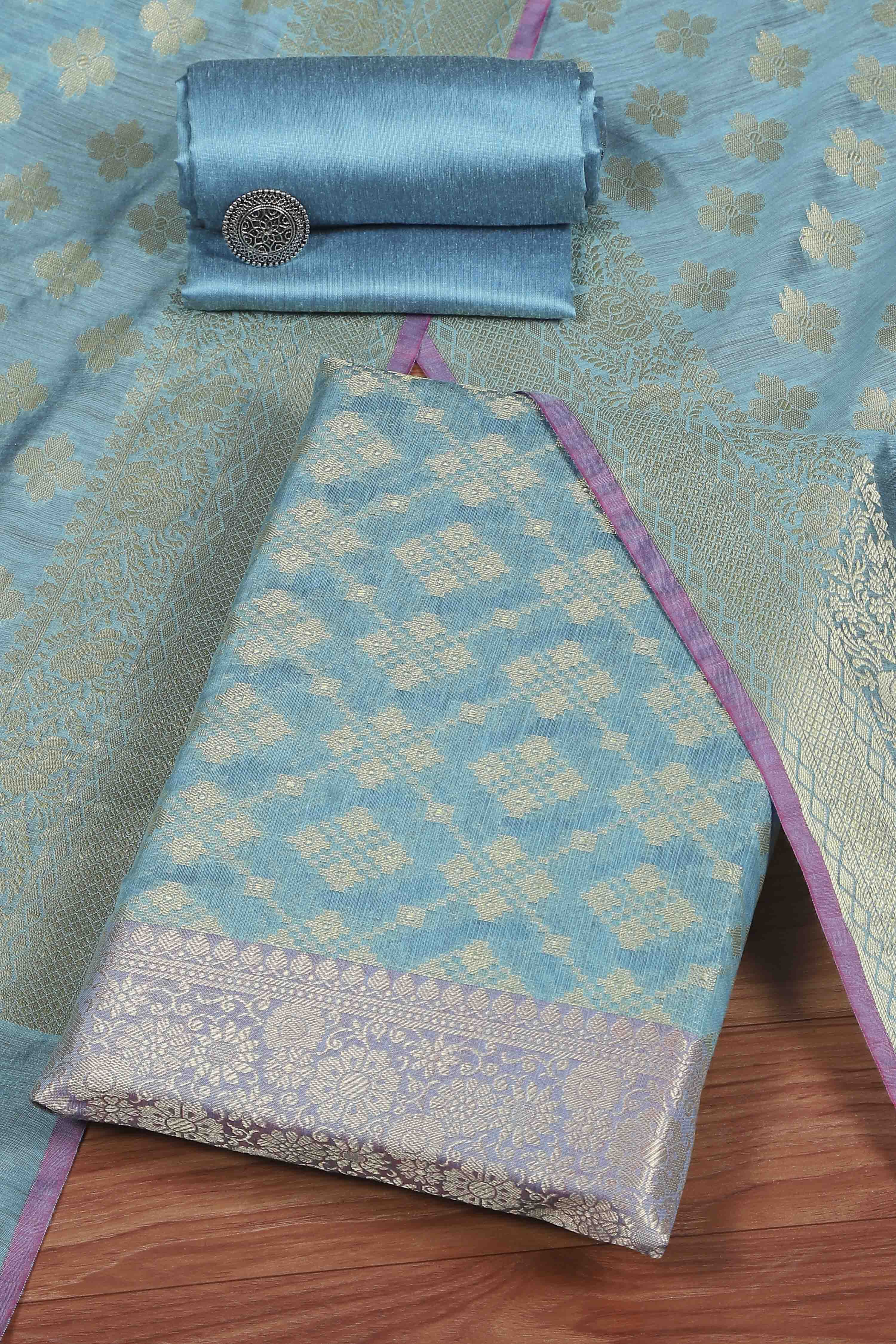 Blue Cotton Printed Embroidered Unstitched Suit Set image number 0