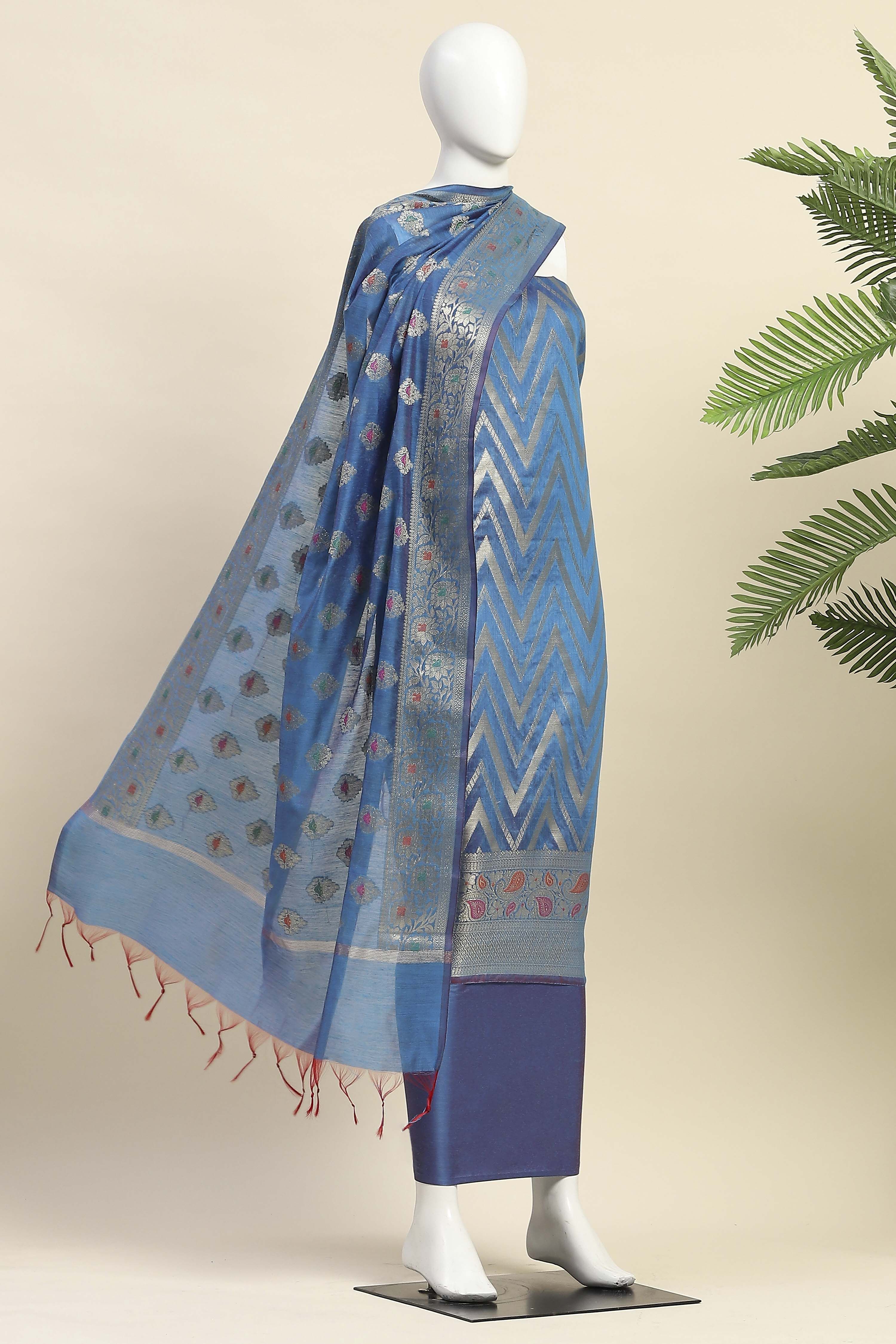 Blue Cotton Printed Embroidered Unstitched Suit Set image number 4