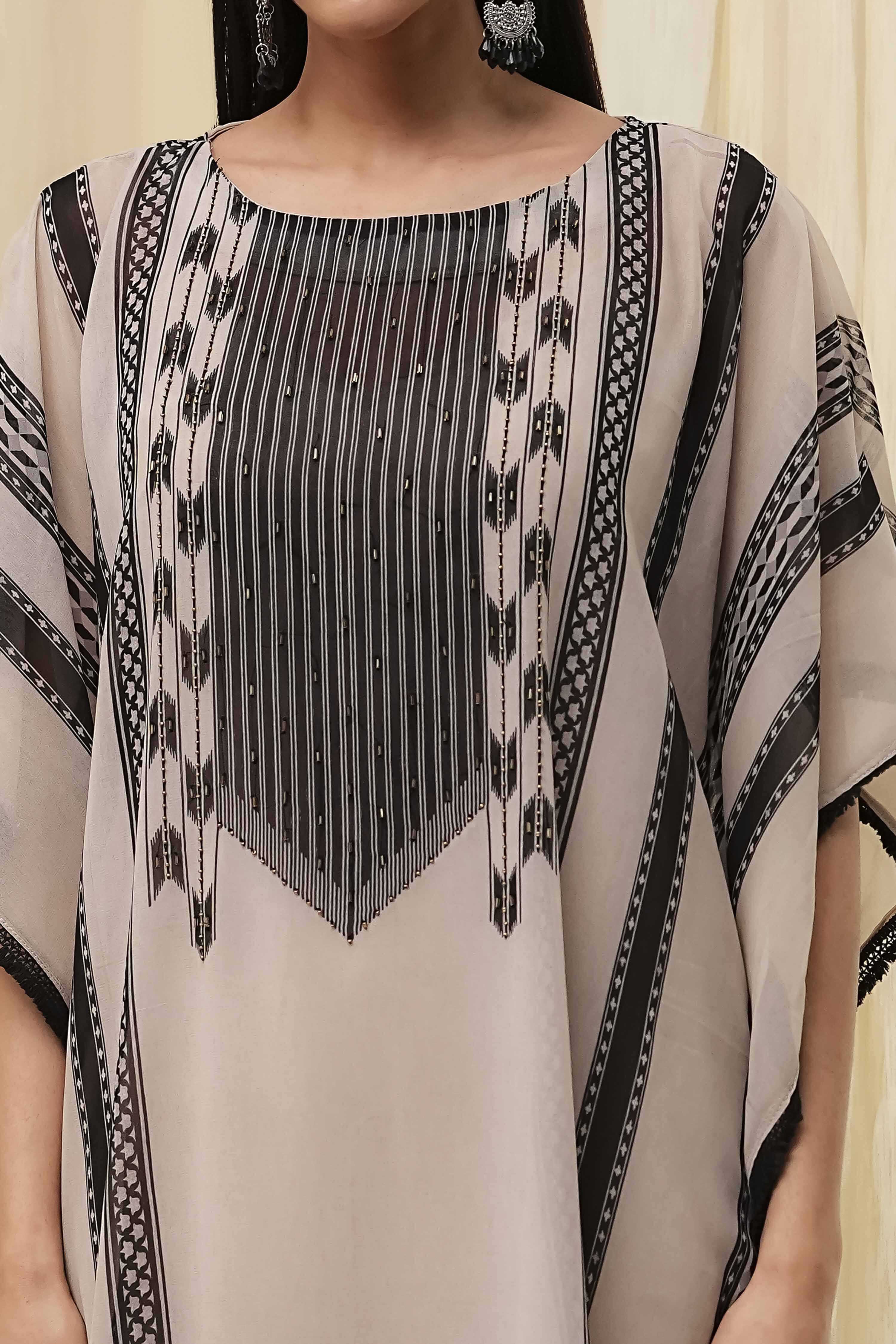 Beige and Black Printed Kaftan-Style Kurta Set image number 2