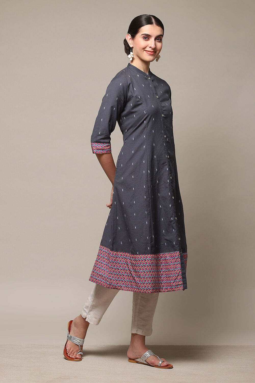 Blue Cotton Blend A-Line Printed Kurta image number 3