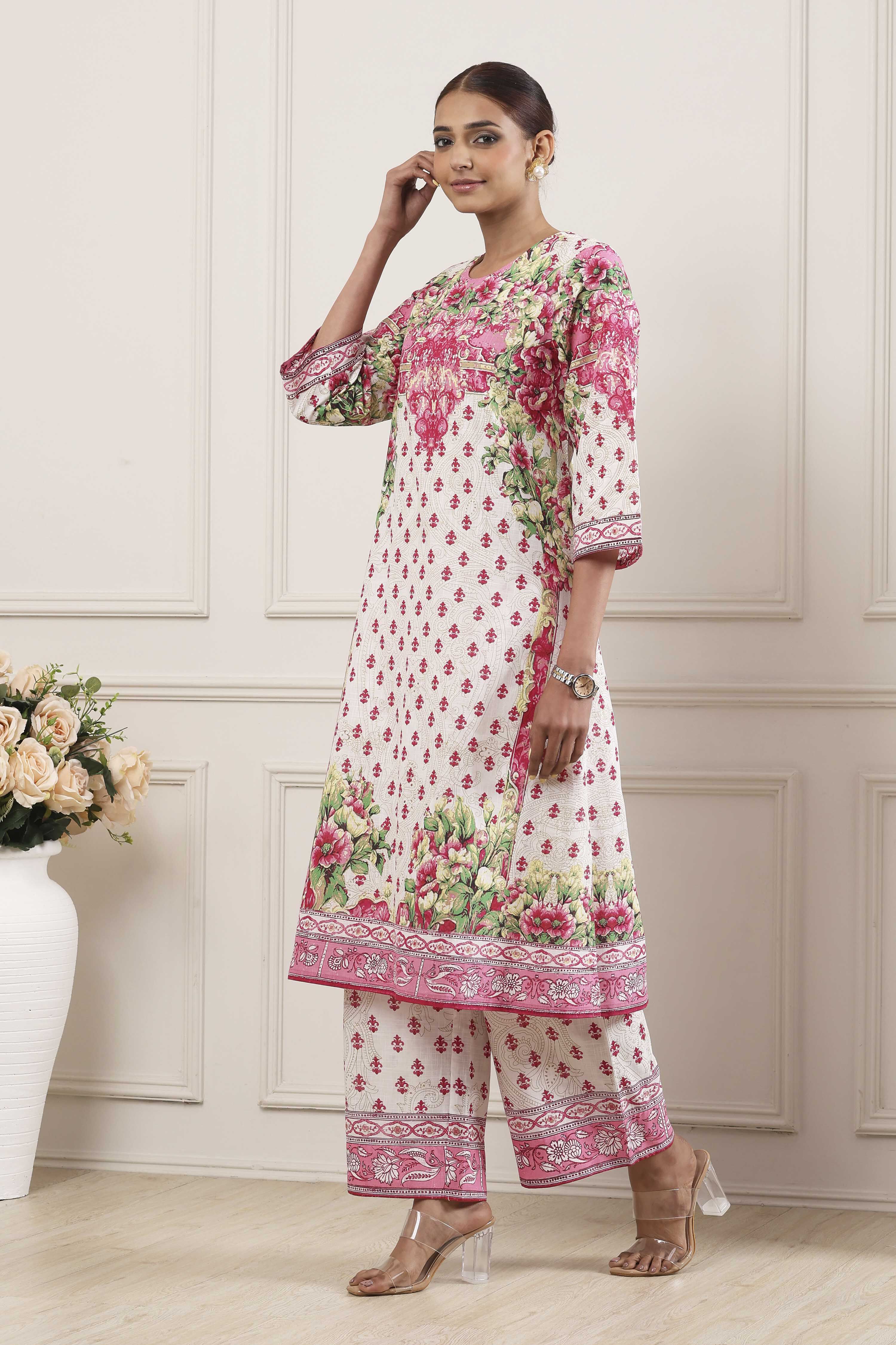 Pink and White Cotton Printed Straight Kurta Set image number 4