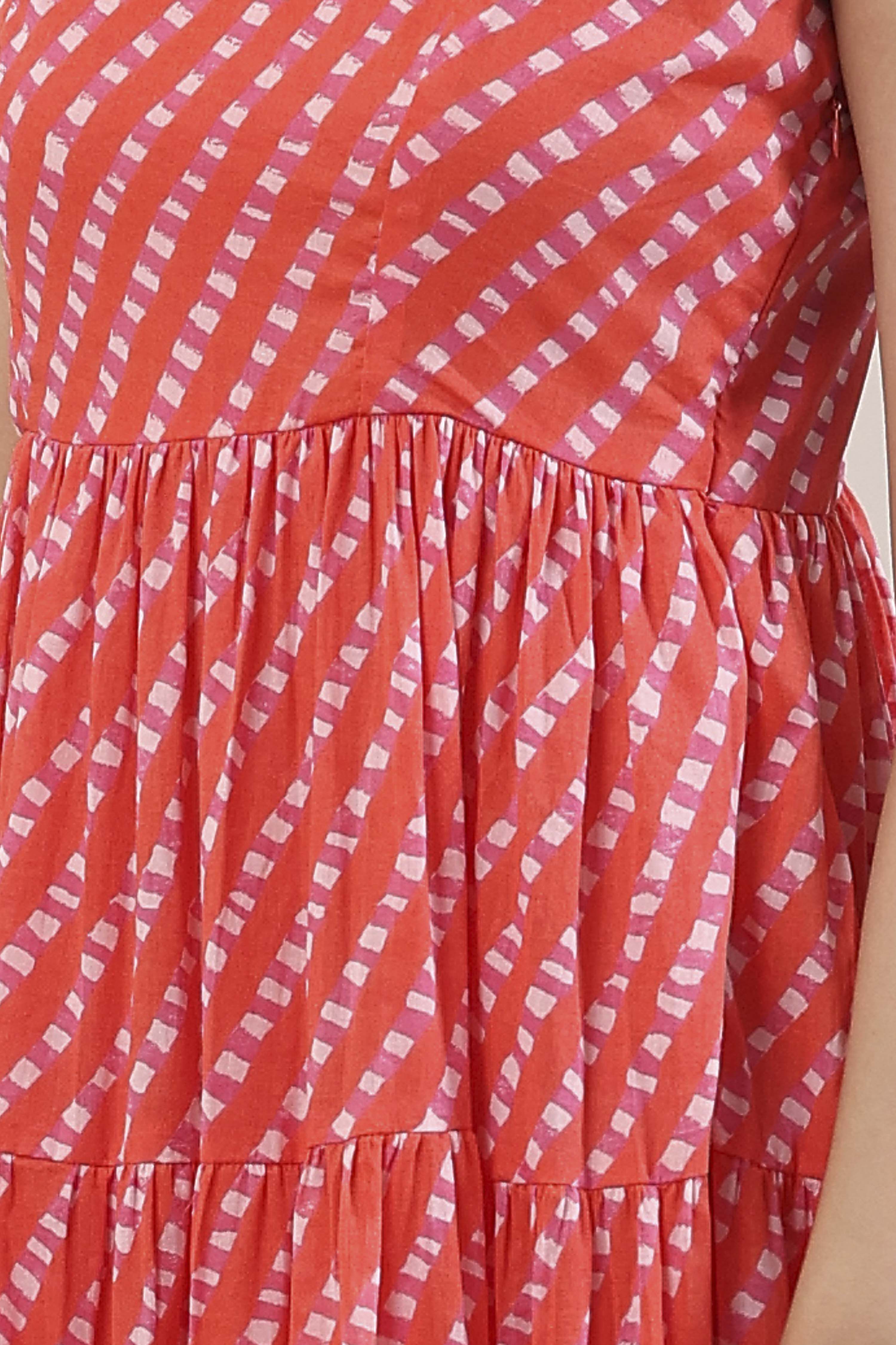 Orange Cotton Geometric Striped Tiered Midi Dress image number 6