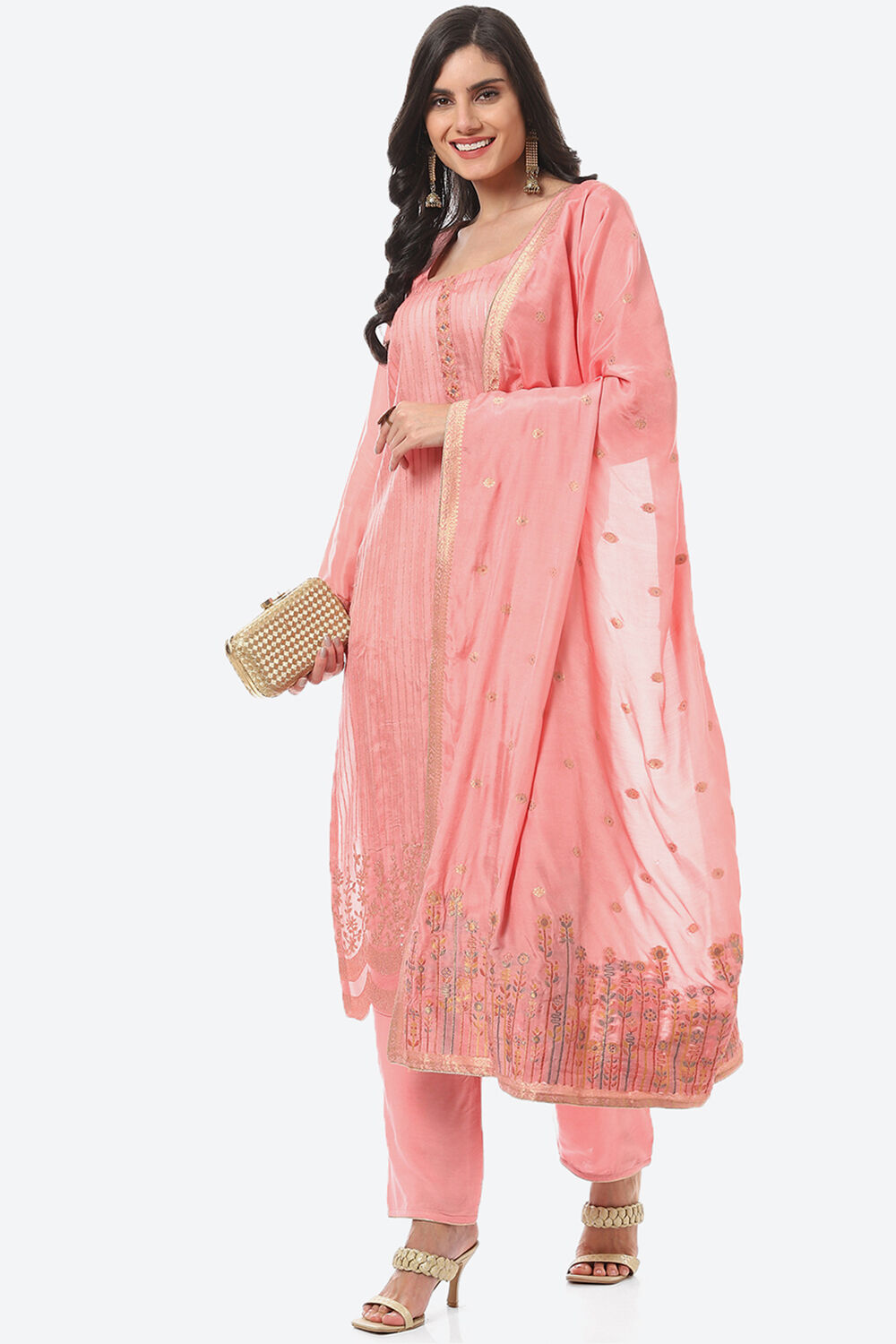 Pink Silk Blend Digital Print Unstitched Suit Set image number 7