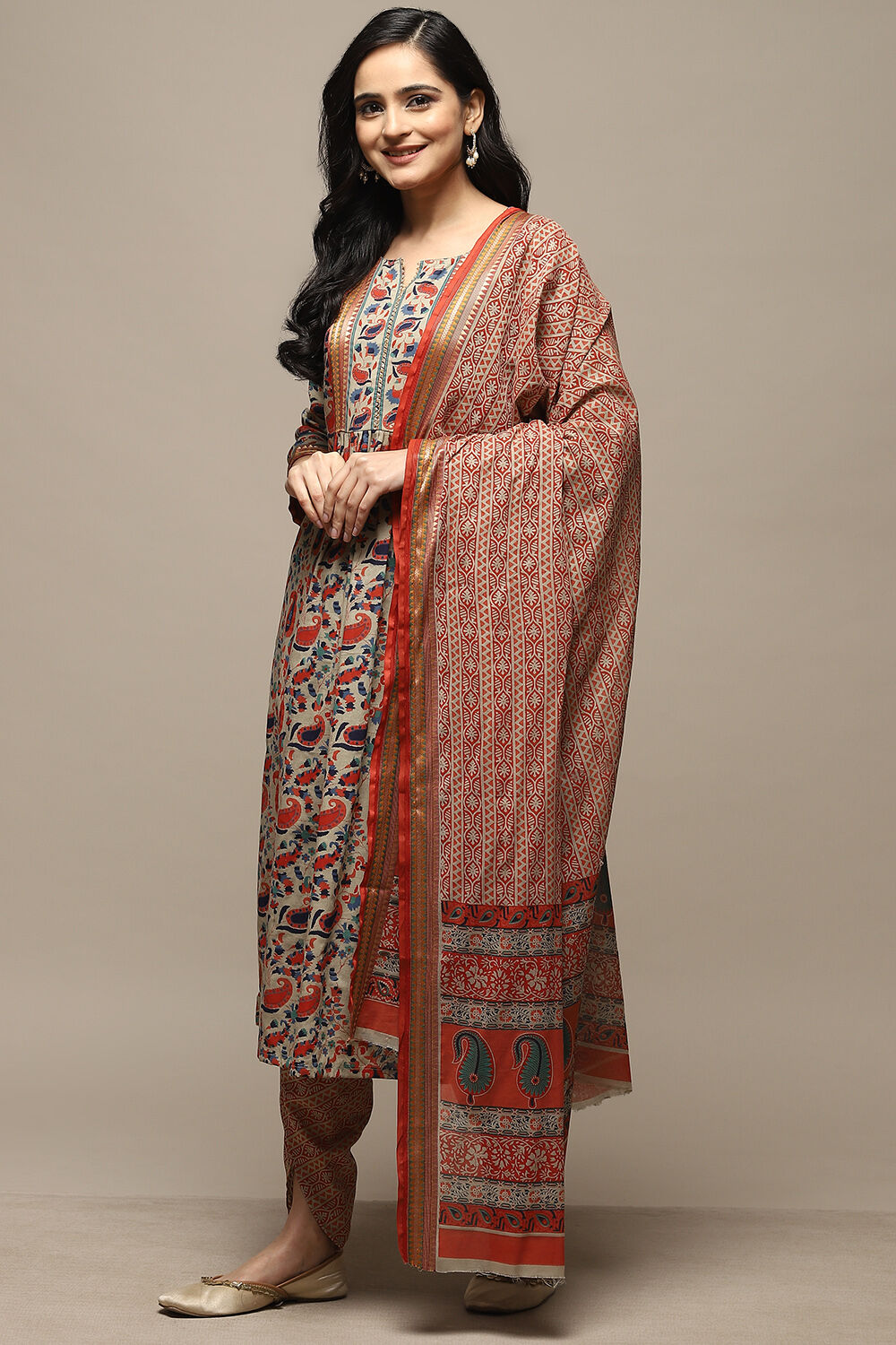Red Cotton Hand Block Print Unstitched Suit Set image number 4