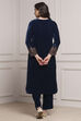 Teal Velvet Straight Winter Kurta Set image number 4