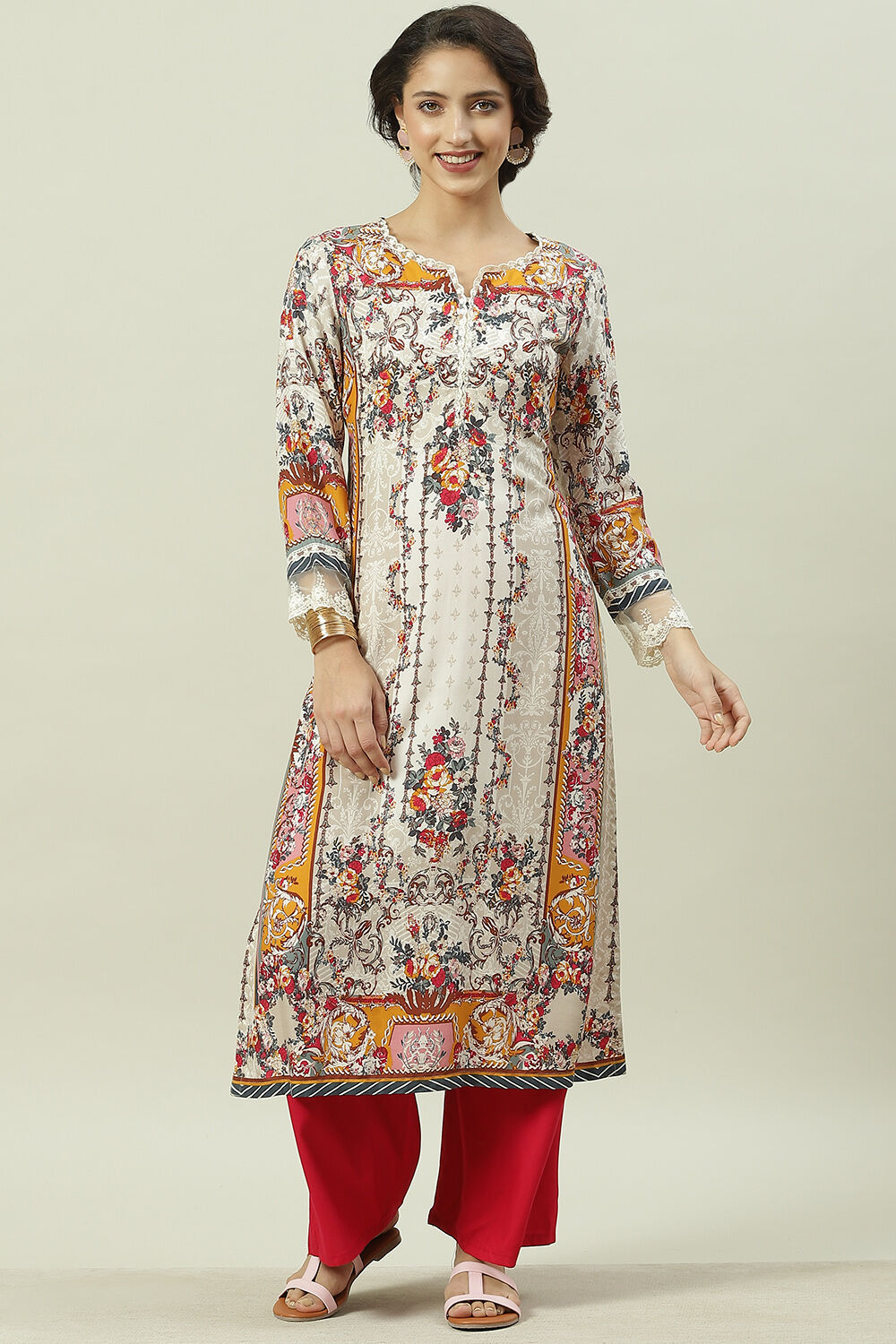 Ecru Rayon Straight Printed Kurta image number 0
