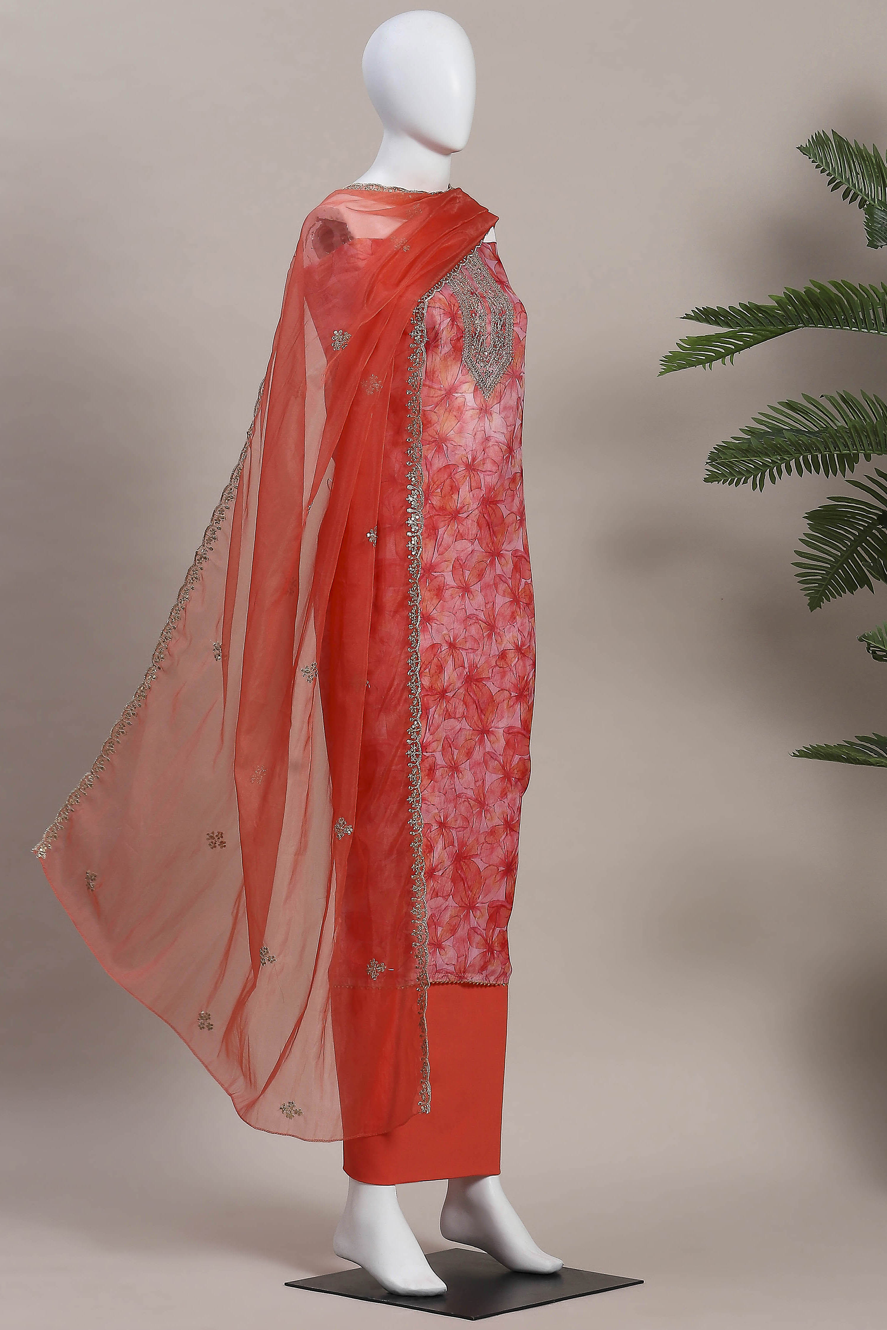 Old-Rose Organza Rajasthani Print Unstitched Suit Set image number 4