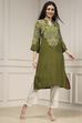 Olive Green Printed Straight Kurta image number 4