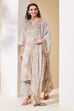 Beige Cotton Blend Straight Embroidered Suit Set