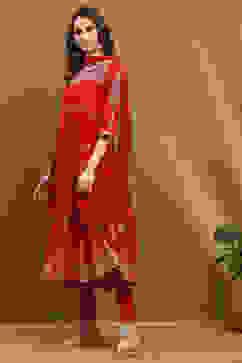 Red Cotton Embroidered Tiered Anarkali Suit Set image number 3