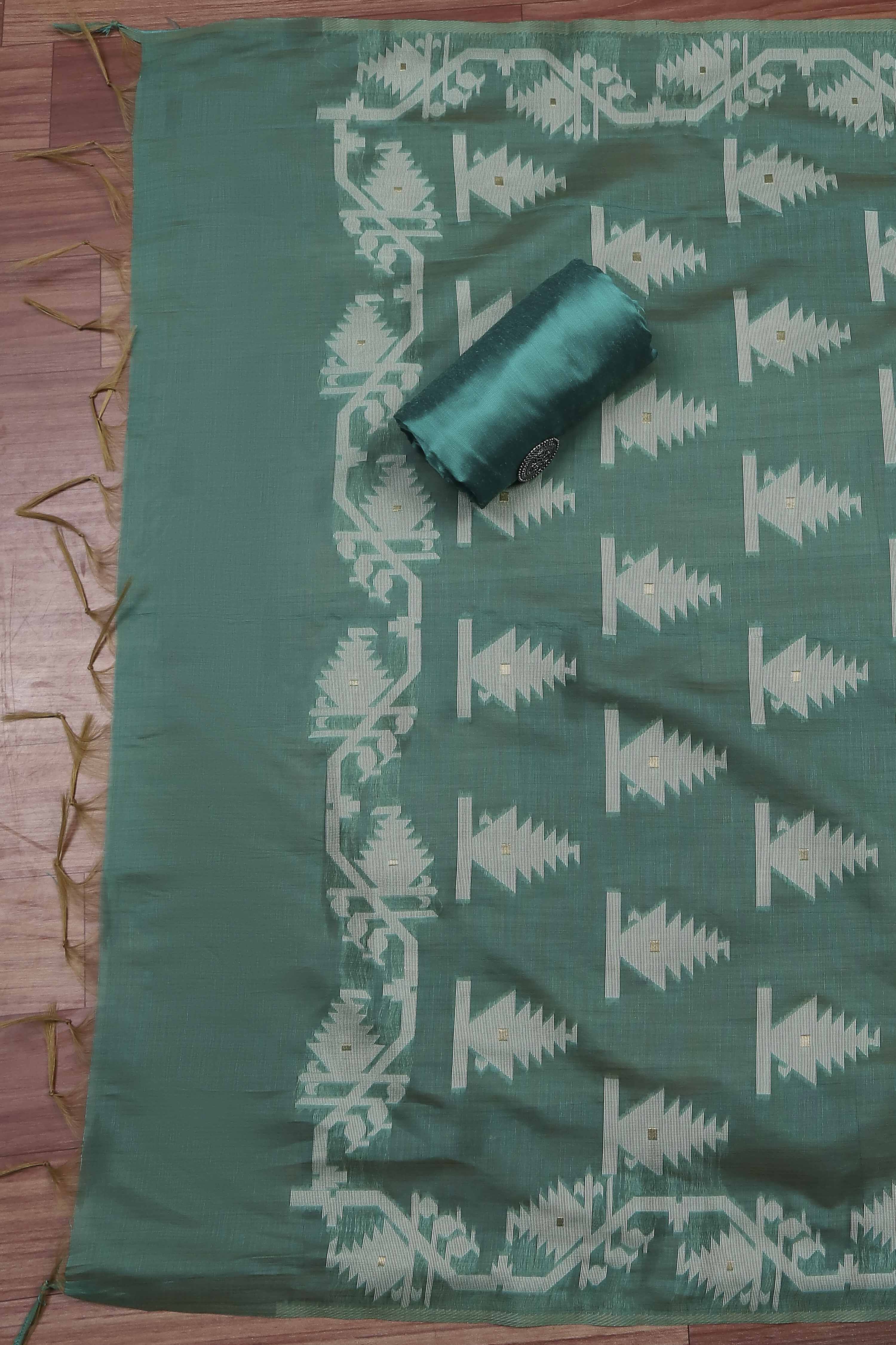 Bottle Green Cotton Jamdani Unstitched Suit Set image number 3