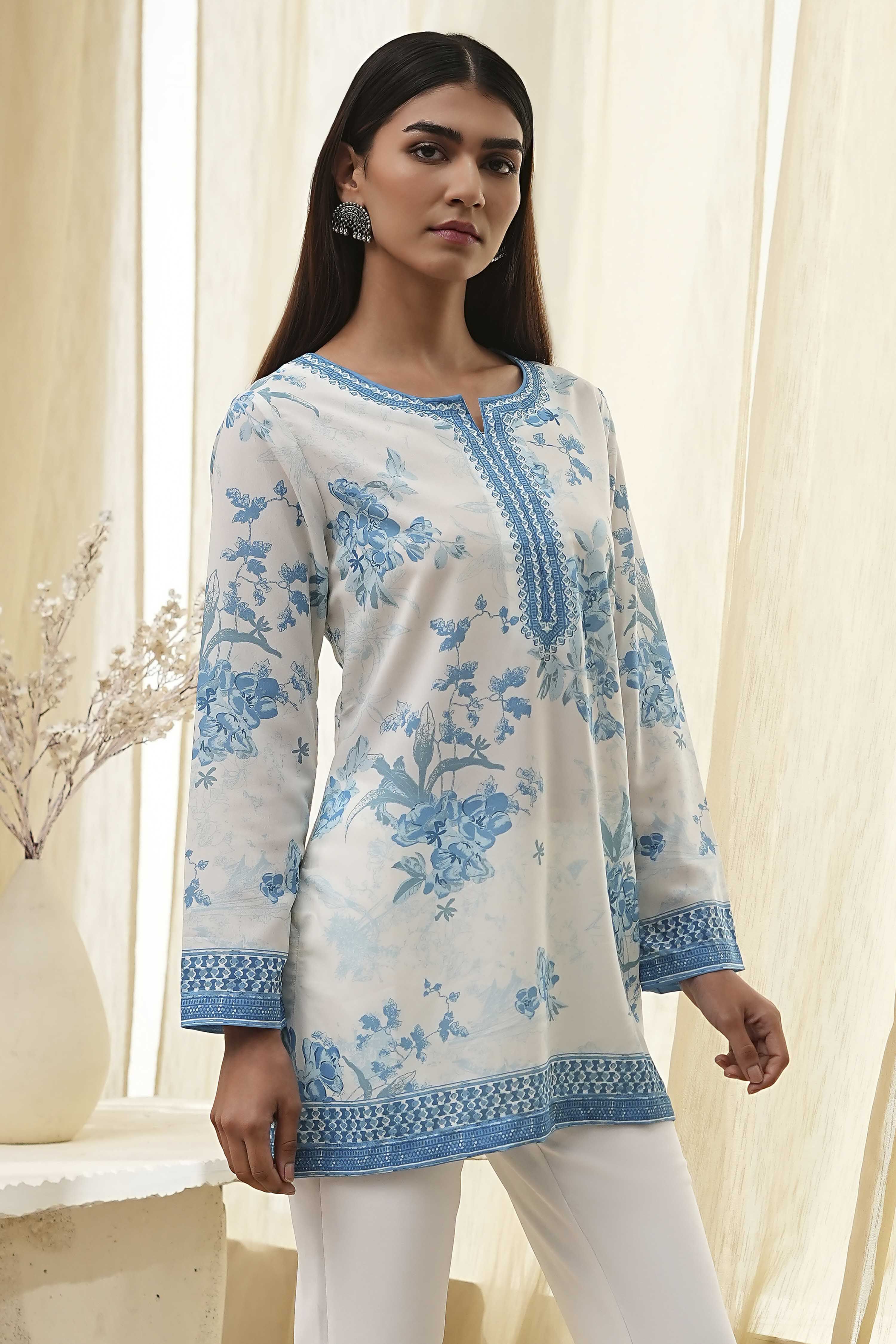 Off-White Printed Straight Short Kurta image number 4