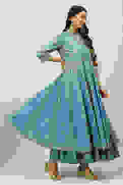 Blue Cotton Flared Fusion Printed Kurta Dress image number 3