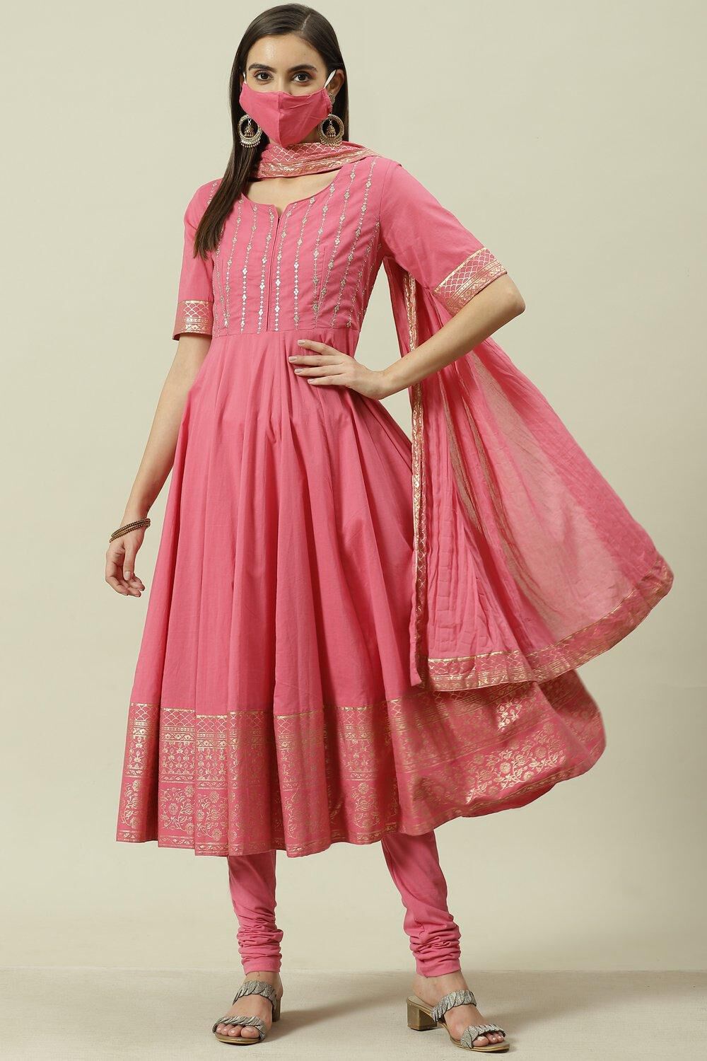 Pink Cotton Anarkali Kurta Churidar Suit Set image number 8