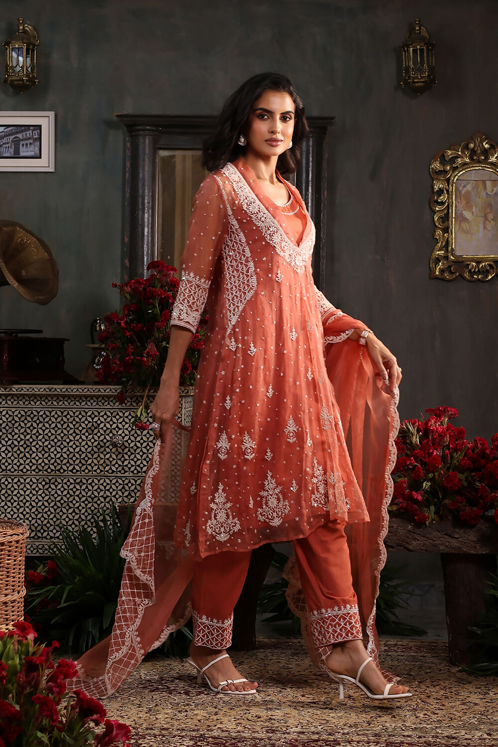 Burnt Orange Embroidered Organza Kalidar Suit Set image number 5