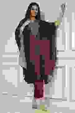 Blue and Brown Satin Printed Kaftan-Style Kurta Set image number 0