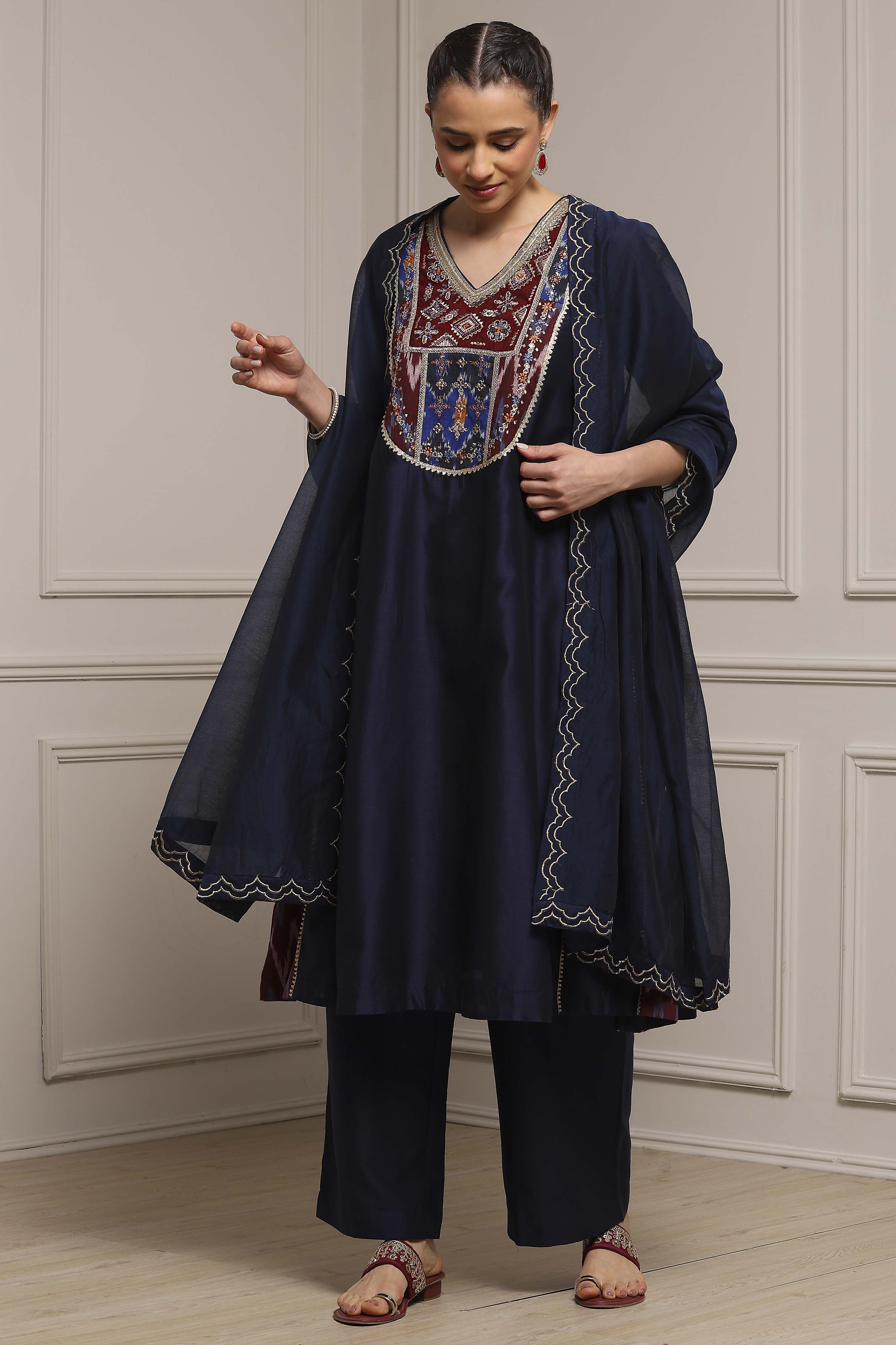 Blue Silk Chanderi Printed Embroidered A-Line Kurta Set image number 0