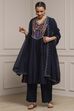 Blue Silk Chanderi Printed Embroidered A-Line Kurta Set image number 0