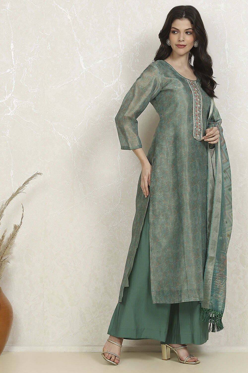 Orange Cotton Printed Embroidered Unstitched Suit Set image number 6