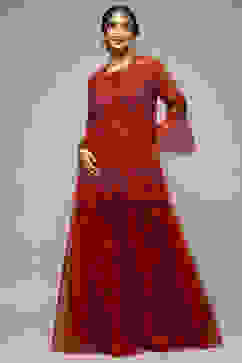 Red Nylon Straight Kurta Sharara Suit Set image number 0