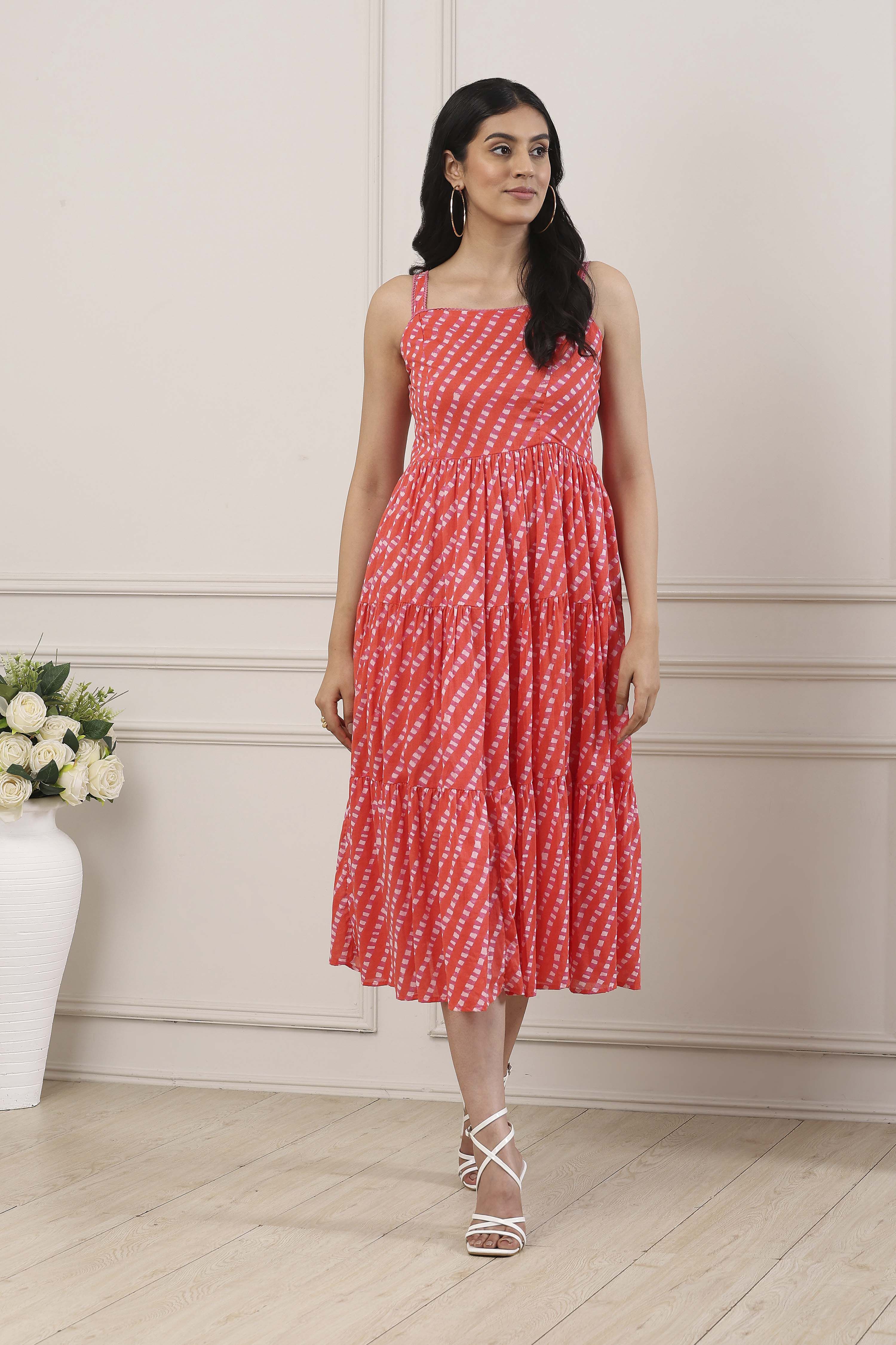 Orange Cotton Geometric Striped Tiered Midi Dress image number 0