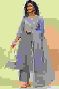 Blue Cotton Straight Kurta Palazzo Suit Set image number 7