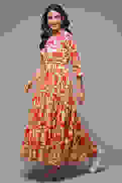 Beige Cotton Tiered Printed Dress image number 3