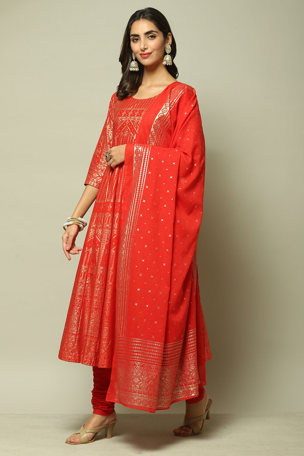 Teal Cotton Anarkali Kurta Churidar Suit Set image number 1