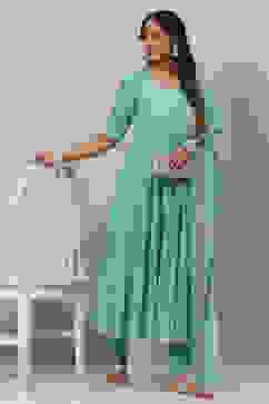 Turquoise Cotton Anarkali Kurta Churidar Suit Set image number 7