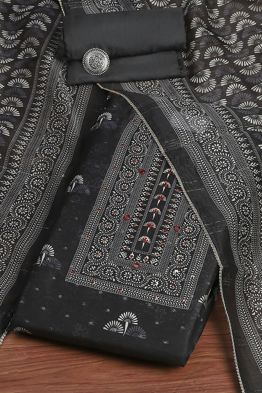 Charcoal Chanderi Floral Printed Unstitched Suit Set image number 0