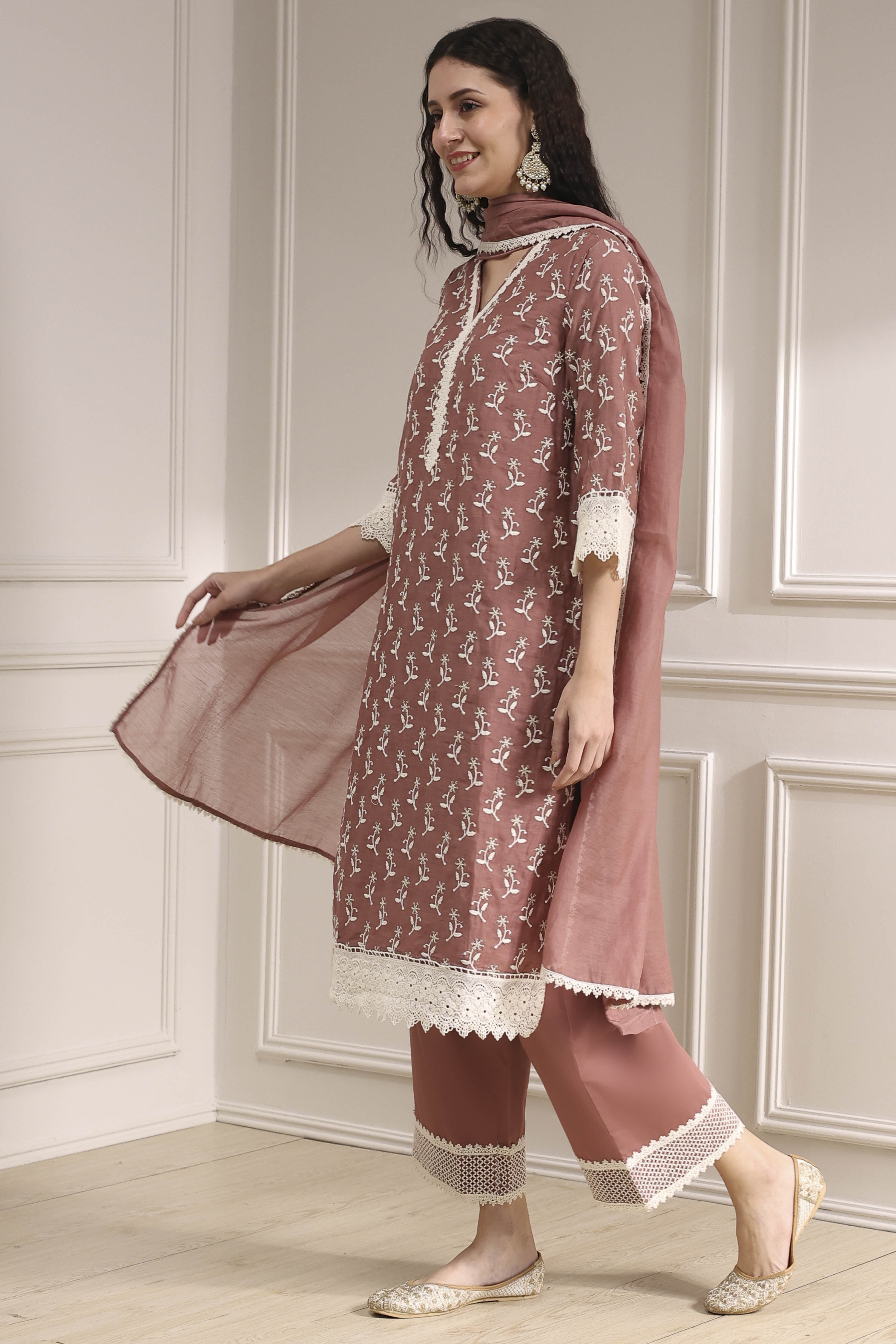 Nude-Toned Chanderi Straight Suit Set image number 3