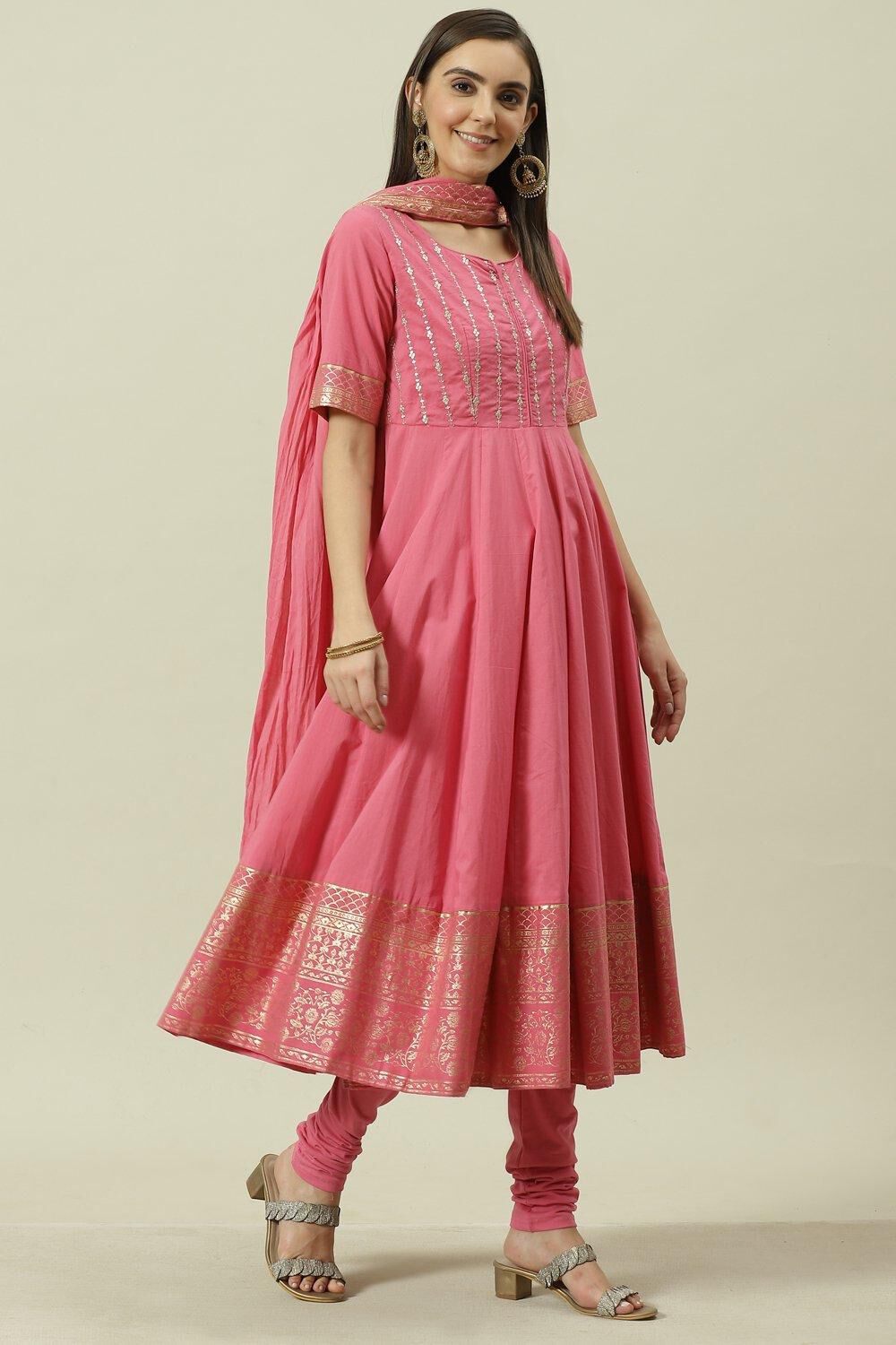 Pink Cotton Anarkali Kurta Churidar Suit Set image number 7