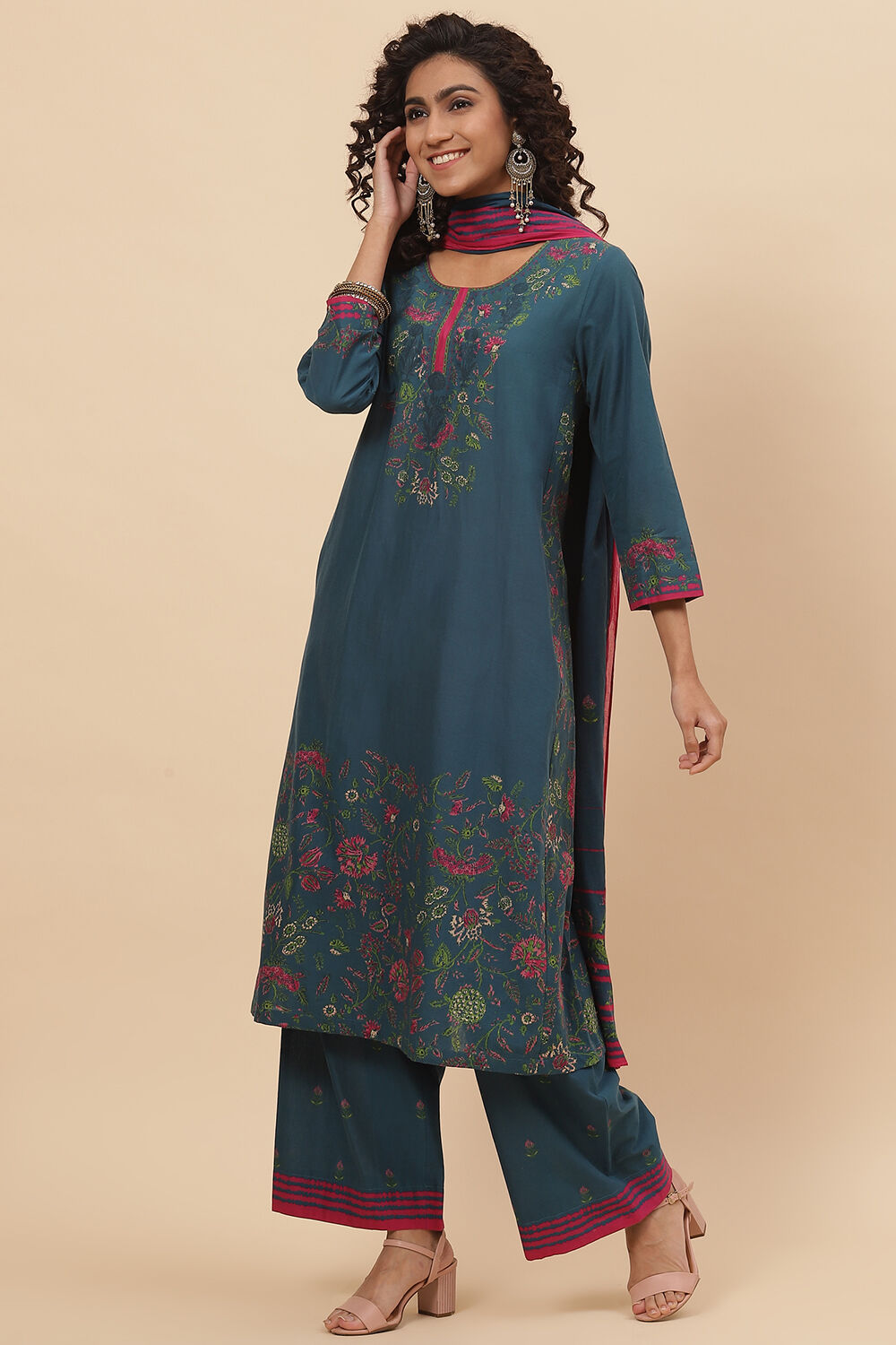 Peach Cotton Straight Kurta Palazzo Suit Set image number 5