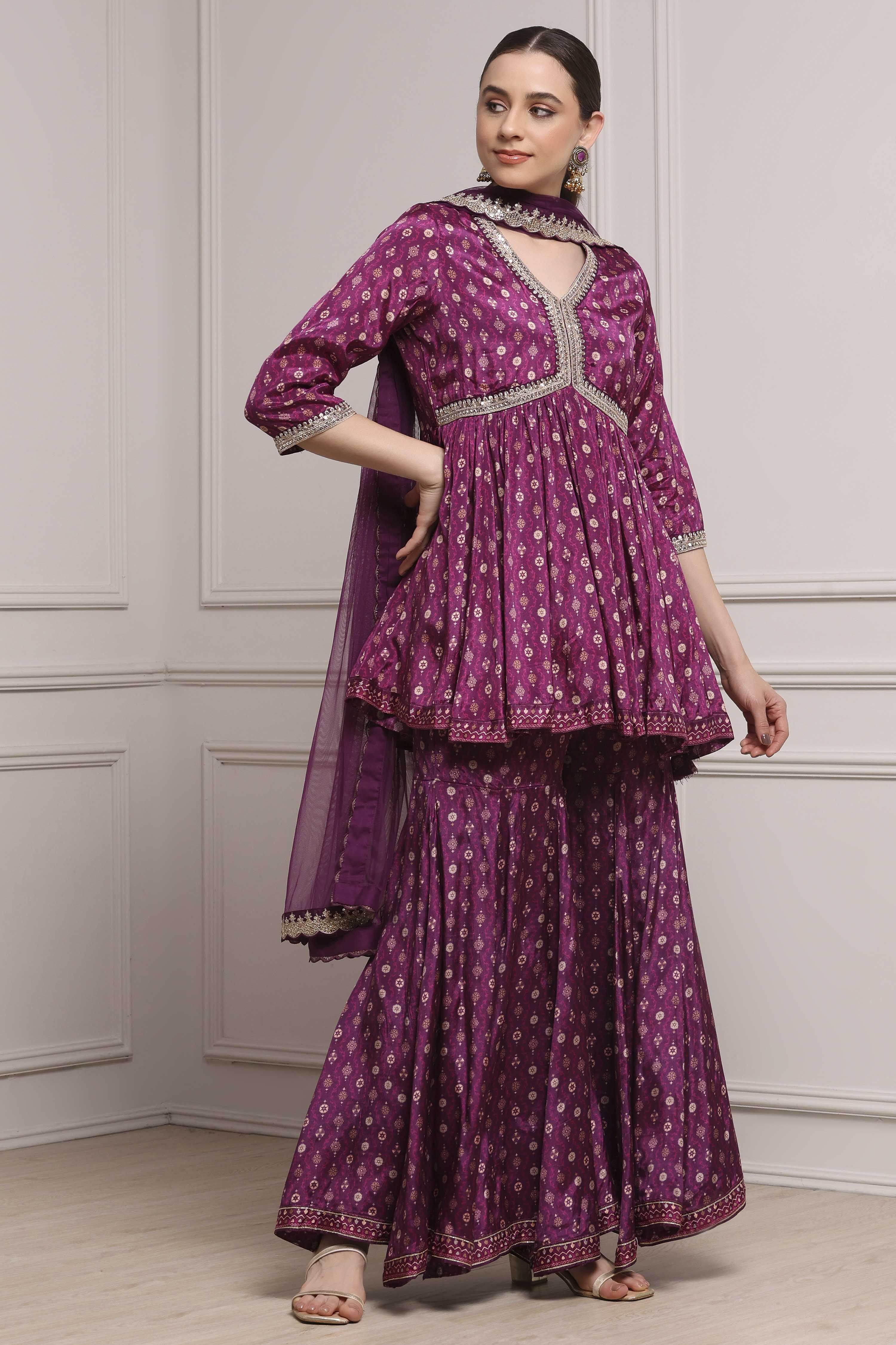 Purple Viscose Shantoon Printed Peplum Garara Suit Set image number 5