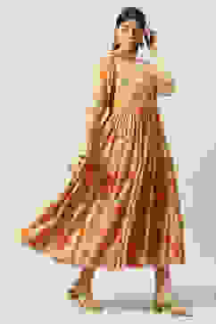 Peach Cotton Flared Kurta Churidar Suit Set image number 6