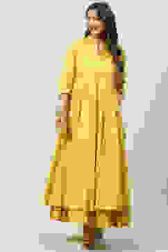 Ochre Cotton Flared Fusion Printed Dress image number 0