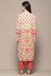 Off-white & Blue Cotton Floral Straight Kurta image number 3