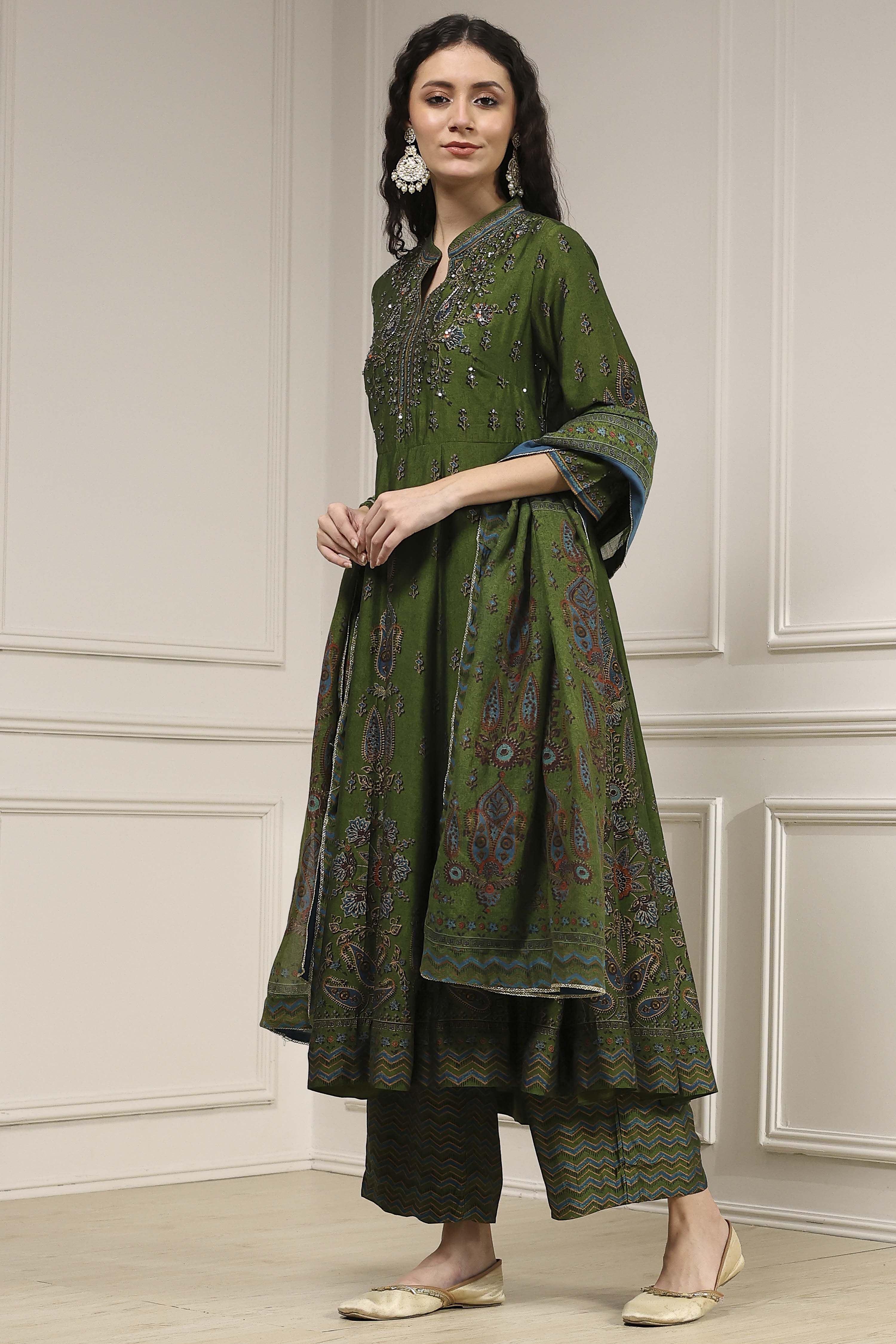 Green Printed Anarkali Suit Set image number 3