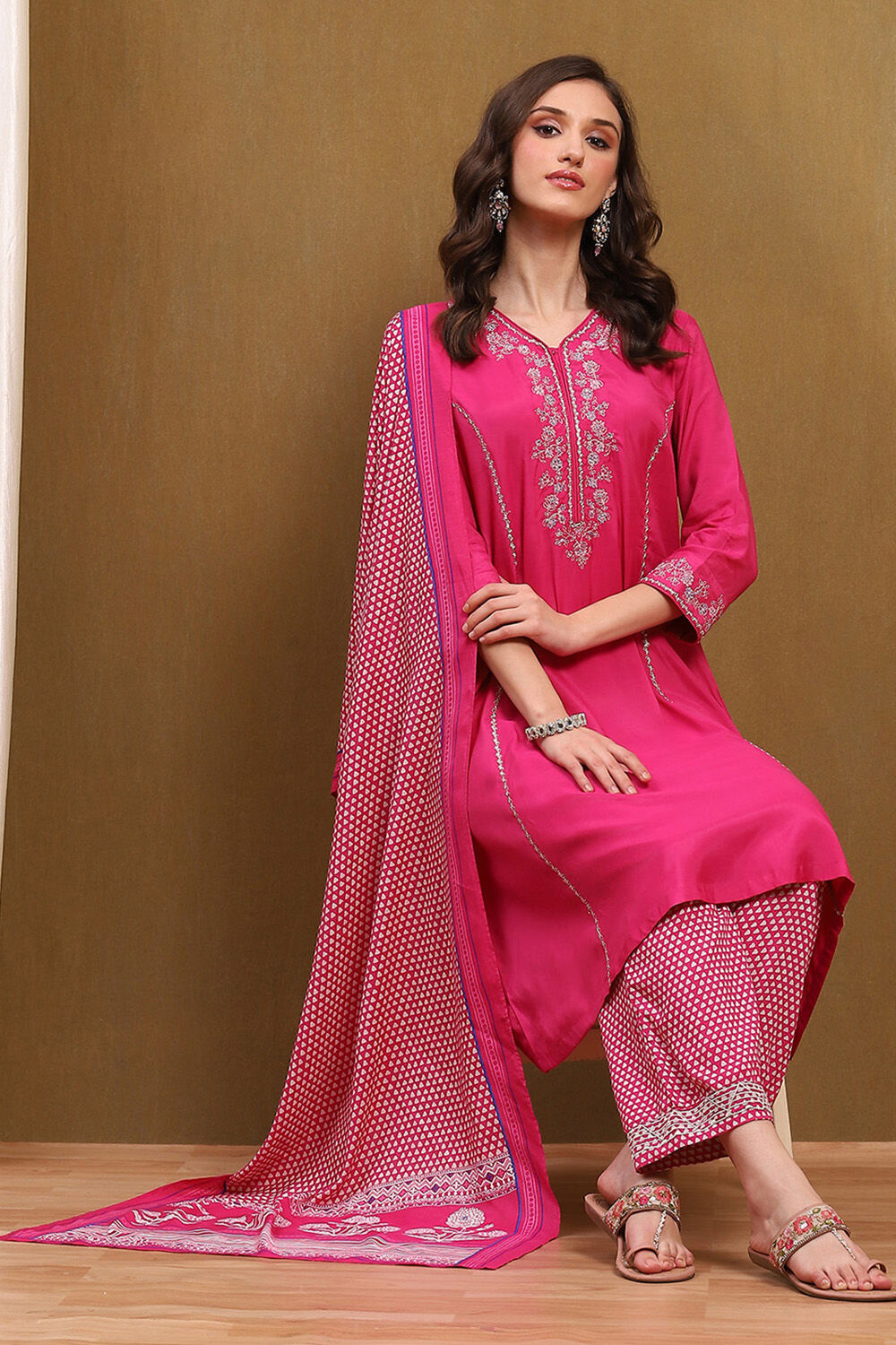 Fuchsia Modal Embroidered Festive Kalidar Suit Set image number 0