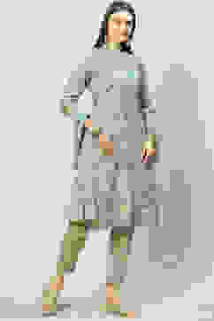 Green Crepe Unstitched Suit Set image number 0