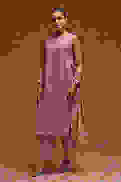 Rose Peach-Toned Poly Net Beaded Embroidered Straight Suit Set image number 3