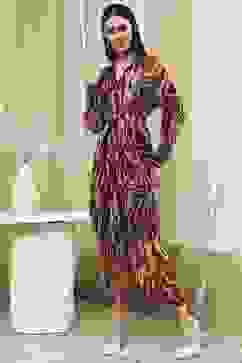 Brown Printed Gathered Tulip Dress image number 2